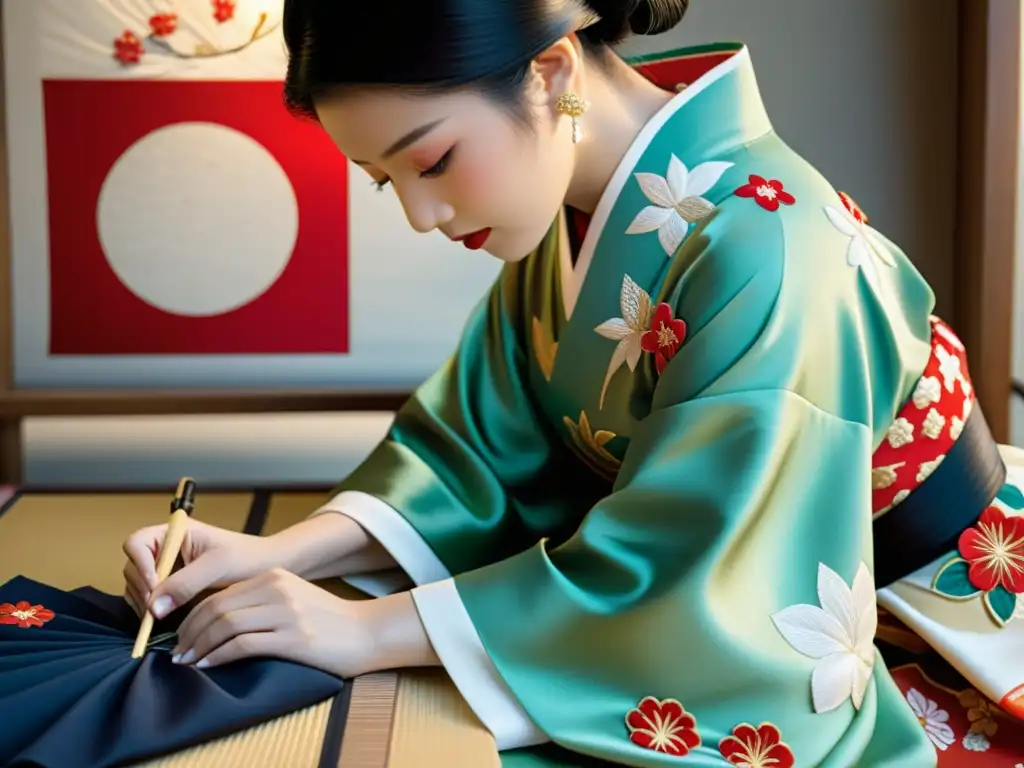 Un maestro artesano japonés crea con meticulosidad un kimono tradicional, exhibiendo bordados intrincados y tela de seda delicada