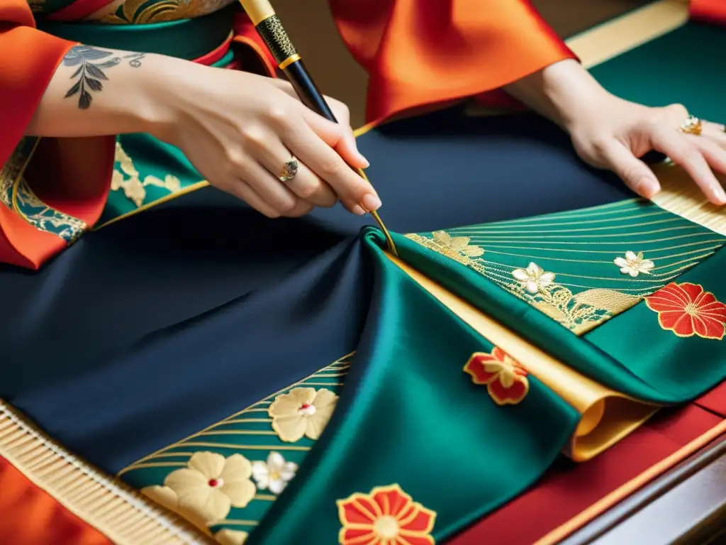 Un maestro artesano del kimono borda a mano patrones intrincados en seda, reflejando el lujo tradicional japonés evolucionado