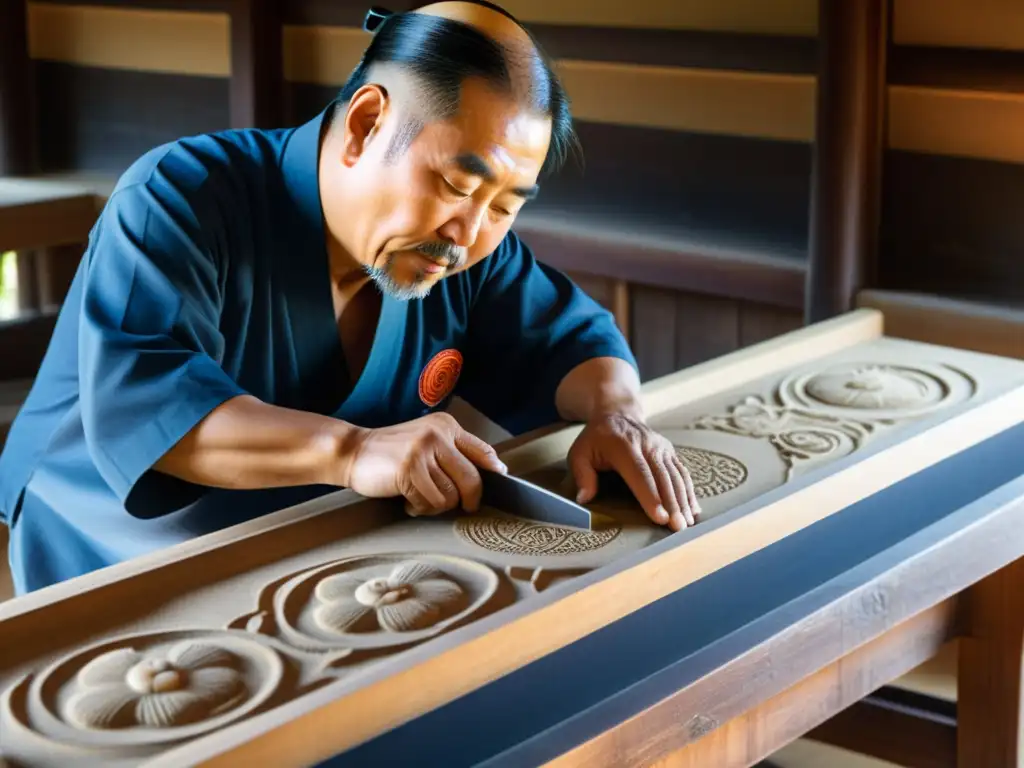 Un maestro artesano talla patrones coreanos en una viga de madera para una casa Hanok tradicional, mostrando la dedicación a la tradición coreana