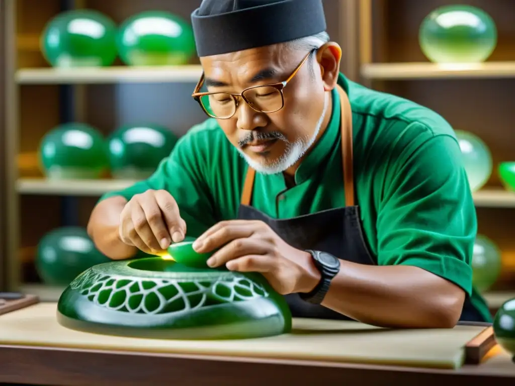 Un maestro artesano talla meticulosamente una preciosa pieza de jade asiático, con la vibrante piedra verde brillando bajo la luz enfocada