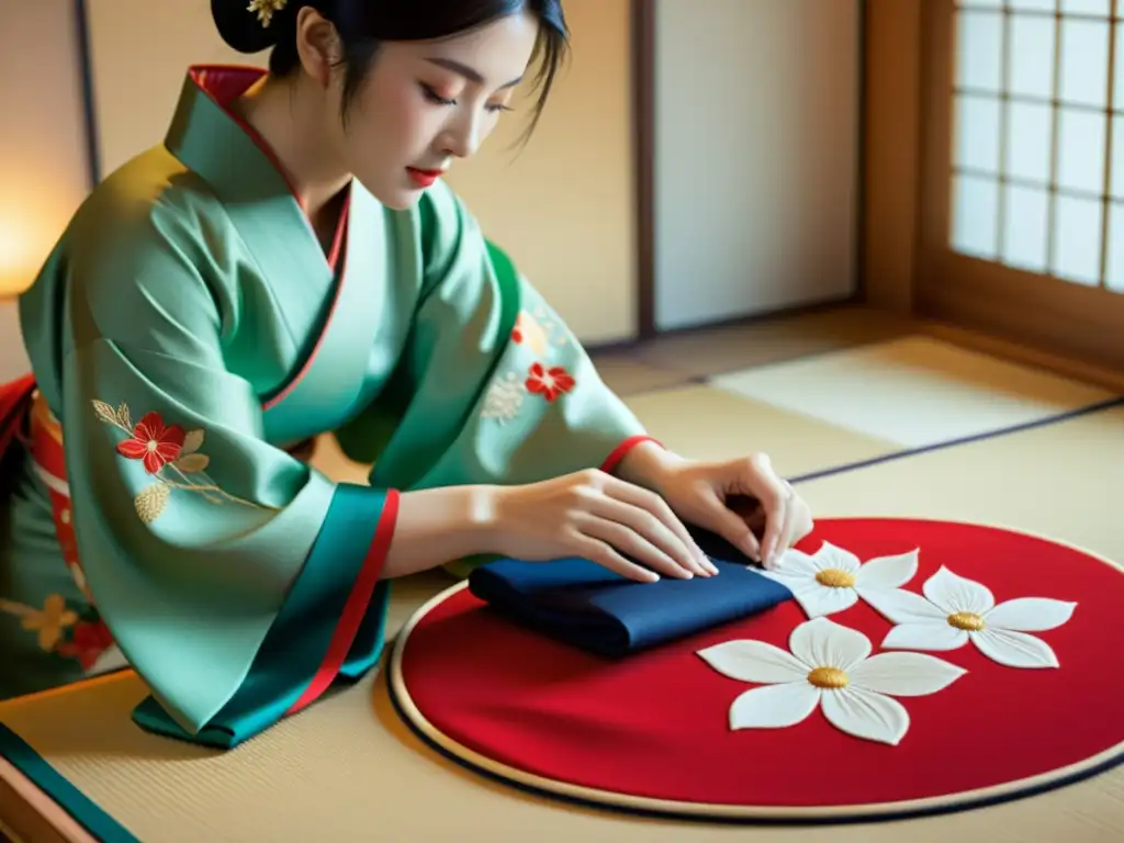 Un maestro artesano crea con precisión un kimono japonés, destacando la evolución de la moda de lujo japonesa en un estudio sereno