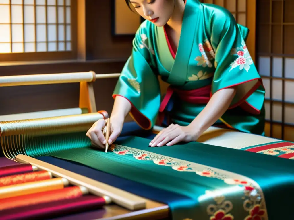 Un maestro artesano teje con precisión un kimono de seda, mostrando la evolución del lujo tradicional japonés