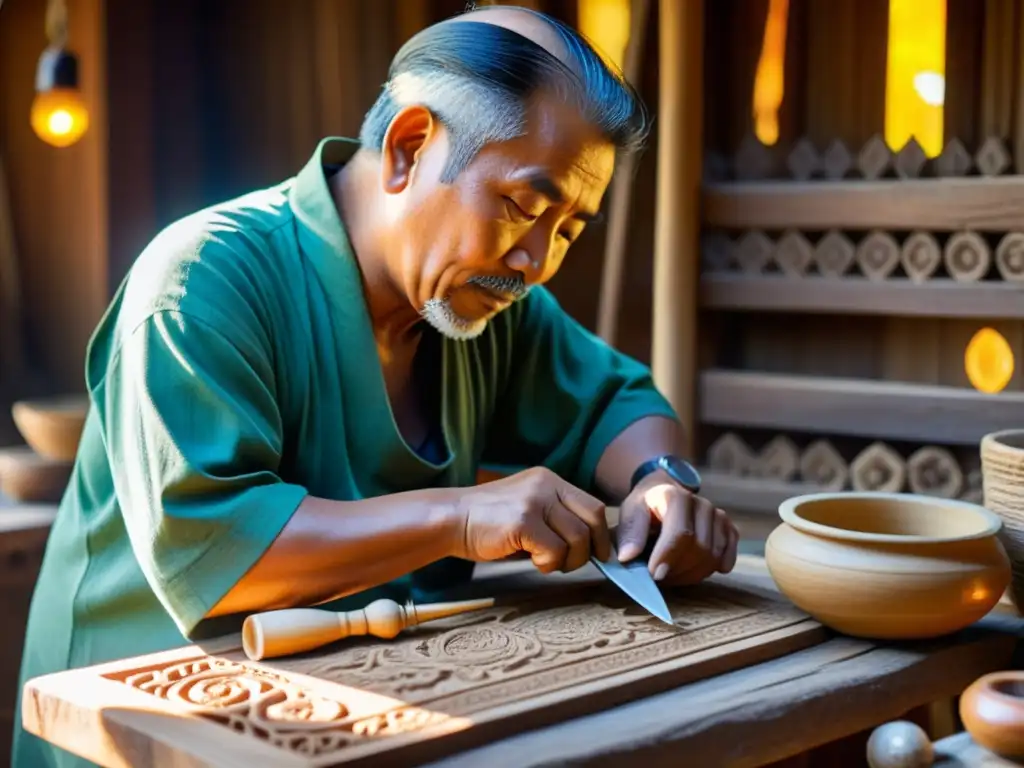 Un maestro artesano talla con precisión en madera en una aldea asiática, mostrando la rica artesanía tradicional