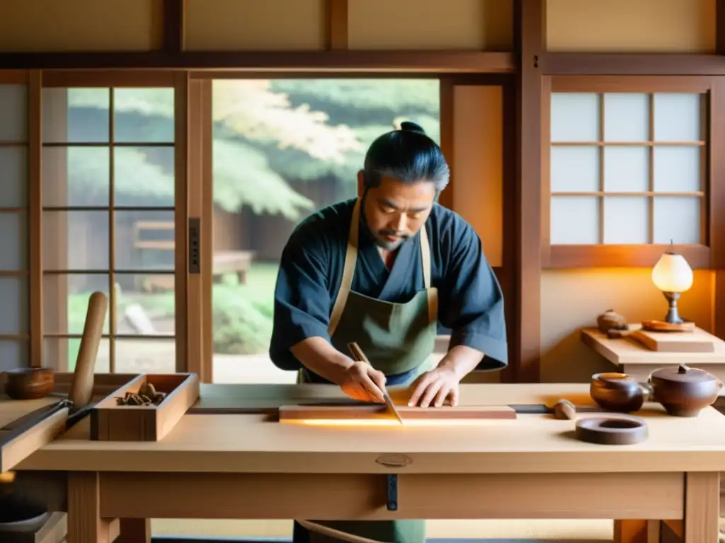 Un maestro artesano talla con precisión en un taller de carpintería japonés, rodeado de herramientas antiguas y bañado por luz natural