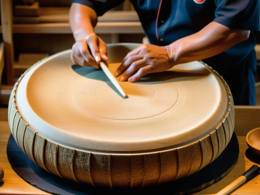 Un maestro artesano de tambores taiko talla con precisión una gran carcasa de tambor de madera, rodeado de herramientas tradicionales y materiales