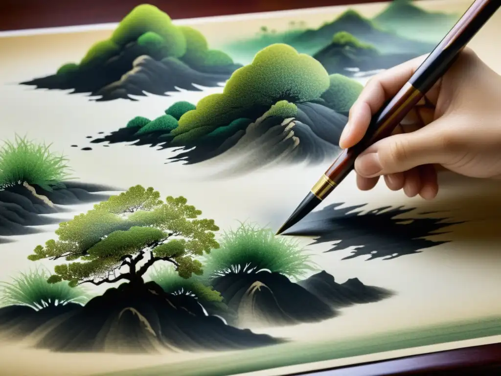 Un maestro artista crea meticulosamente una pintura de tinta china tradicional en un papel de arroz, mostrando la belleza y la destreza de la técnica