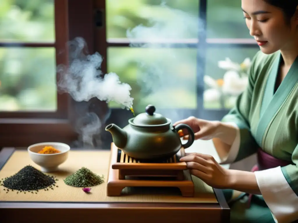 Un maestro de té asiático prepara tisanas curativas con detalle y serenidad en una ceremonia tradicional