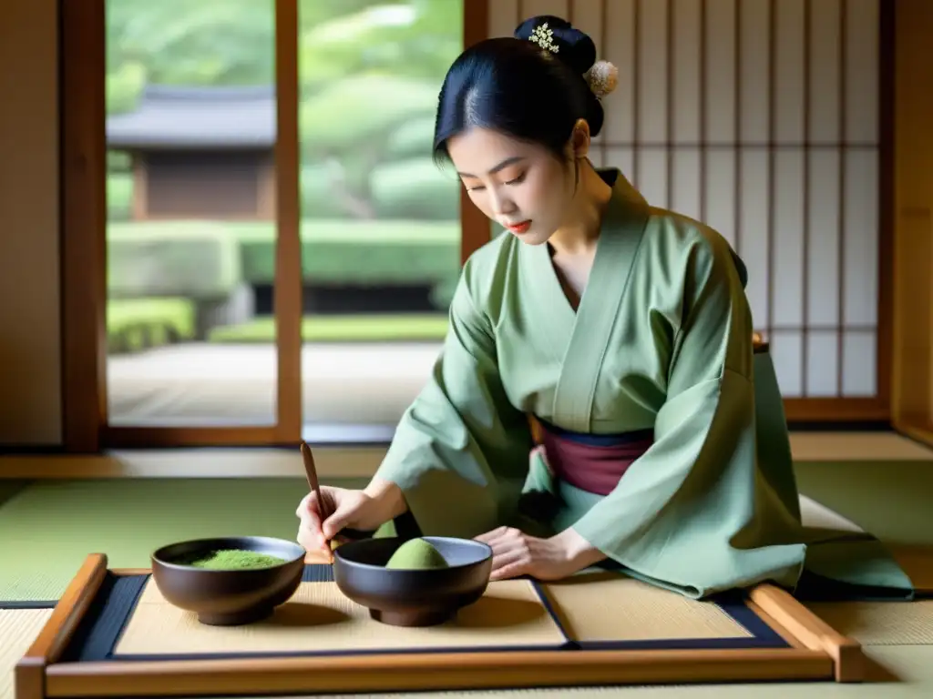 Un maestro del té, ataviado con kimono, realiza un preciso y elegante ritual del té en Japón en una serena habitación tatami