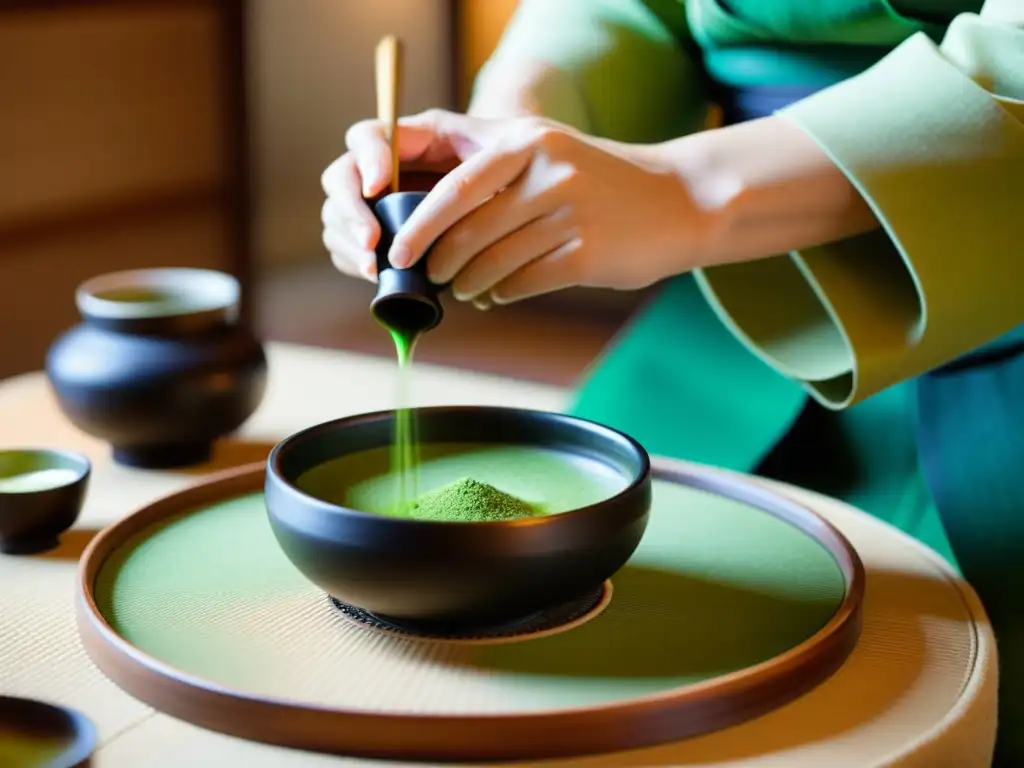 El maestro del té matcha tradición prepara meticulosamente la bebida verde en ceremonia japonesa