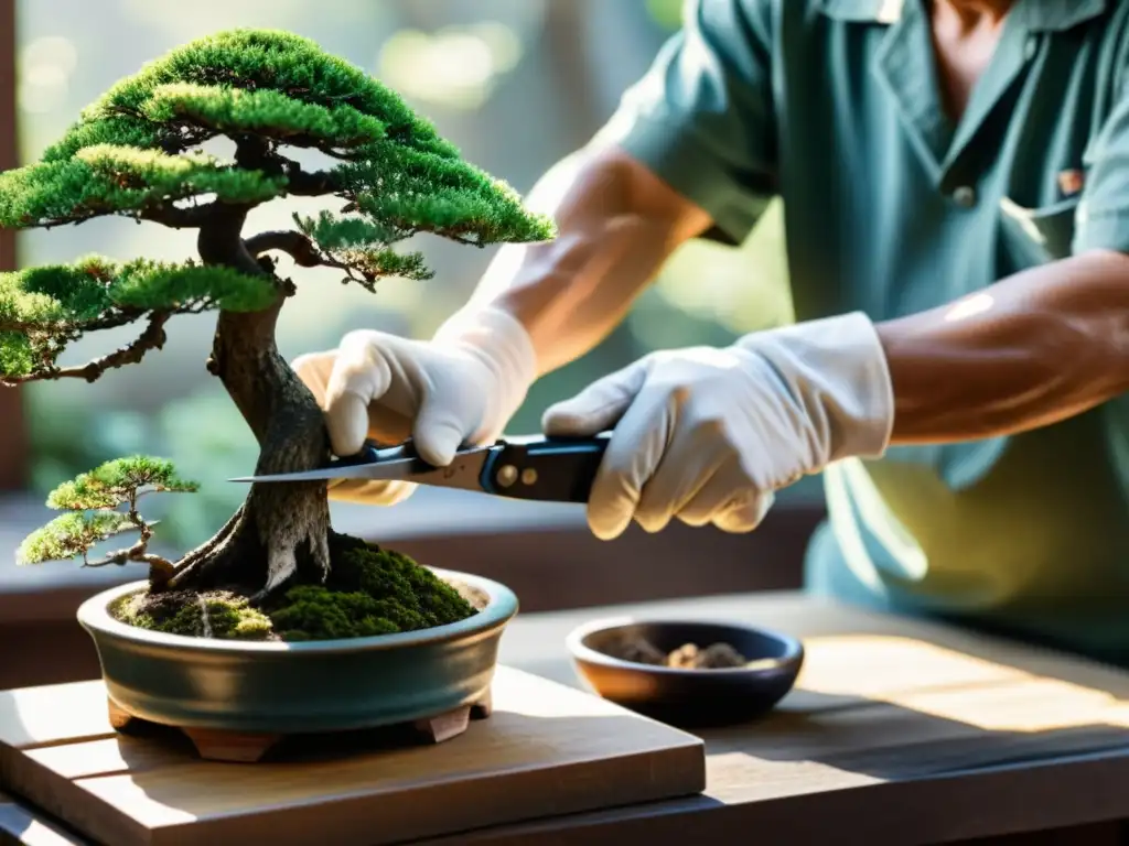 Un maestro bonsaista japonés podando con cuidado un árbol bonsái con herramientas tradicionales de jardinería japonesa en un sereno jardín japonés