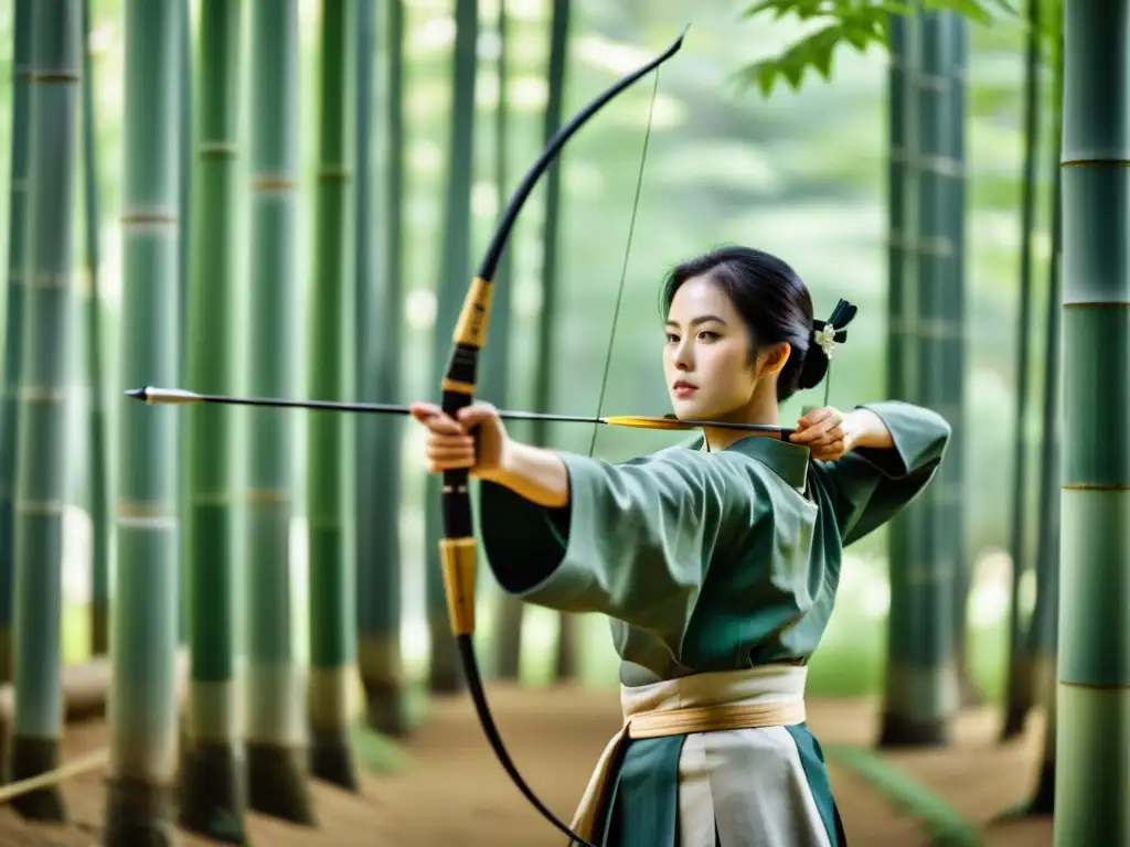 Maestro de kyudo en el bosque de bambú, concentrado en el arco japonés