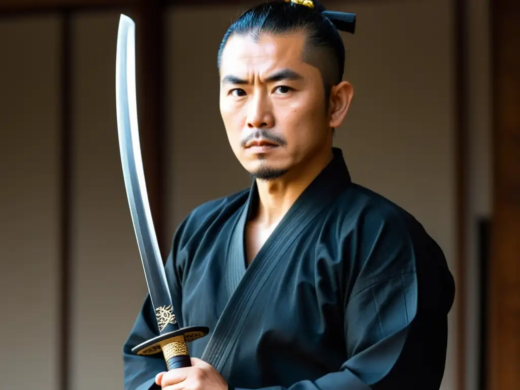 Un maestro del Bujinkan con katana, exudando disciplina y precisión