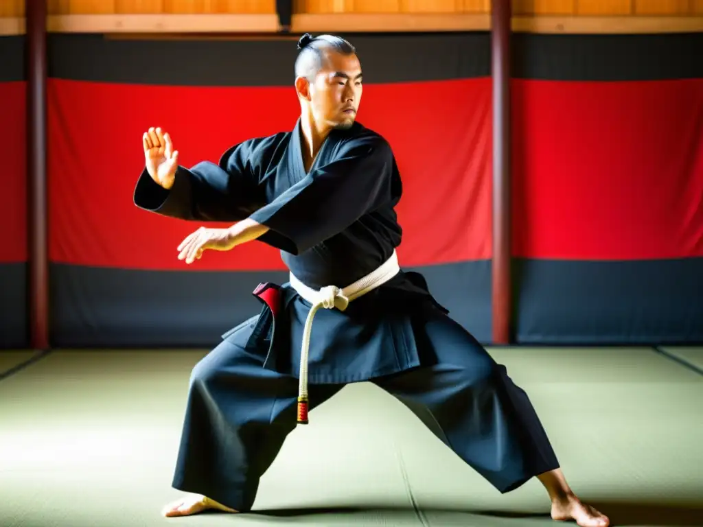 Un maestro del Bujinkan ejecuta una técnica precisa en un dojo sereno, reflejando las enseñanzas del Bujinkan: Exploración profunda