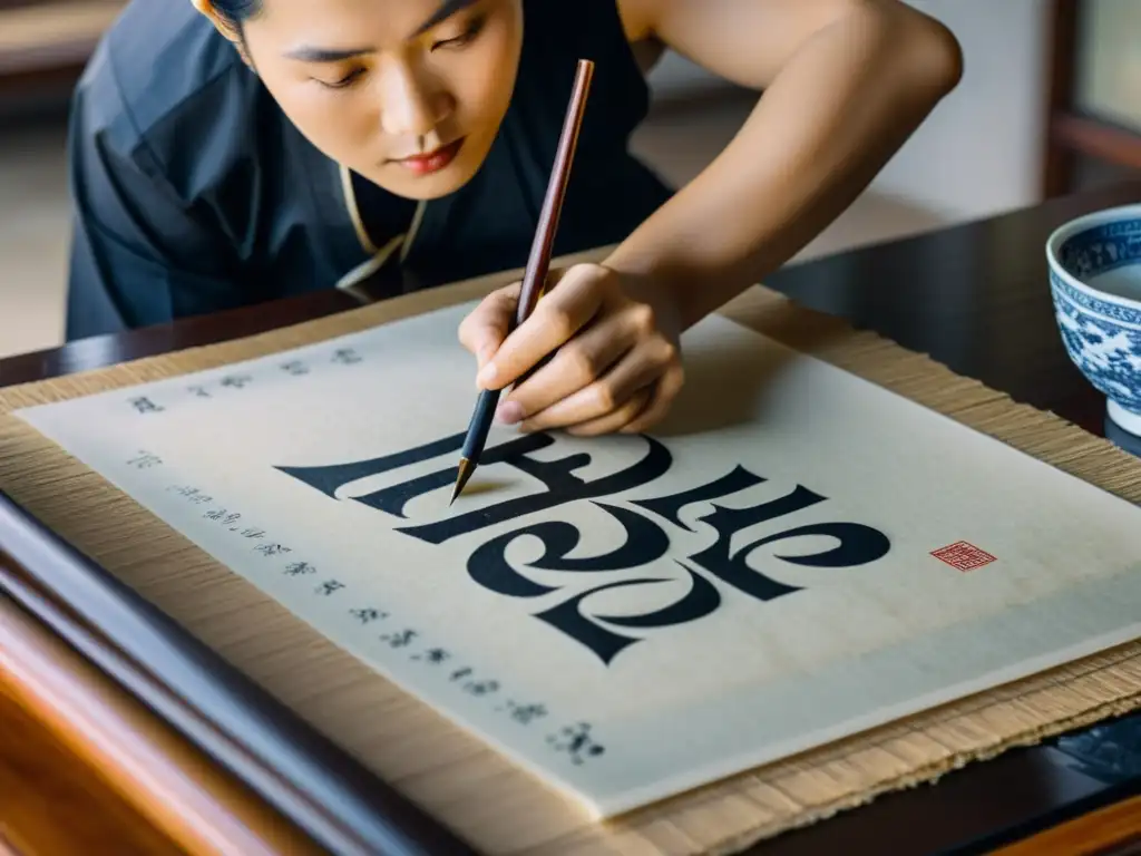 Maestro de caligrafía asiática crea caracteres chinos con tinta oscura, evocando la evolución de la escritura asiática