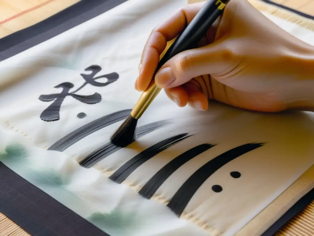 Un maestro de caligrafía asiática crea caracteres con precisión y arte, mostrando la esencia espiritual del Shodo