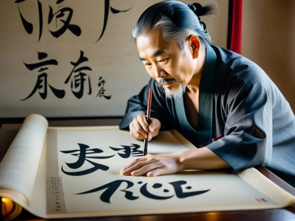 Un maestro de caligrafía china tradicional crea intrincados caracteres con un pincel, capturando la evolución de la escritura asiática