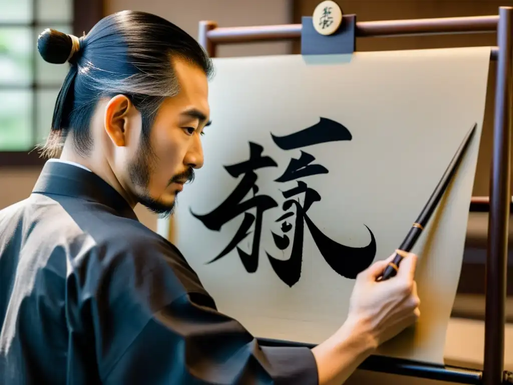 Un maestro de caligrafía samurái escribe con gracia kanji con tinta en un papel, mostrando la importancia de la caligrafía samurái