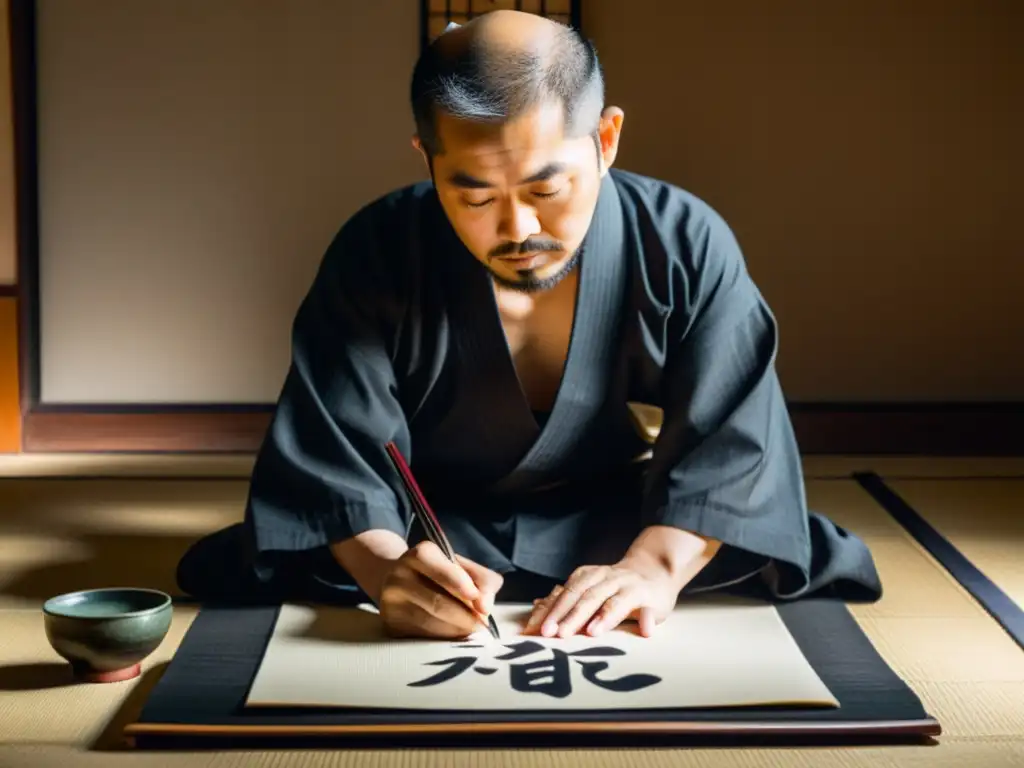 Un maestro de caligrafía zen practica mindfulness en una habitación serena y tenue