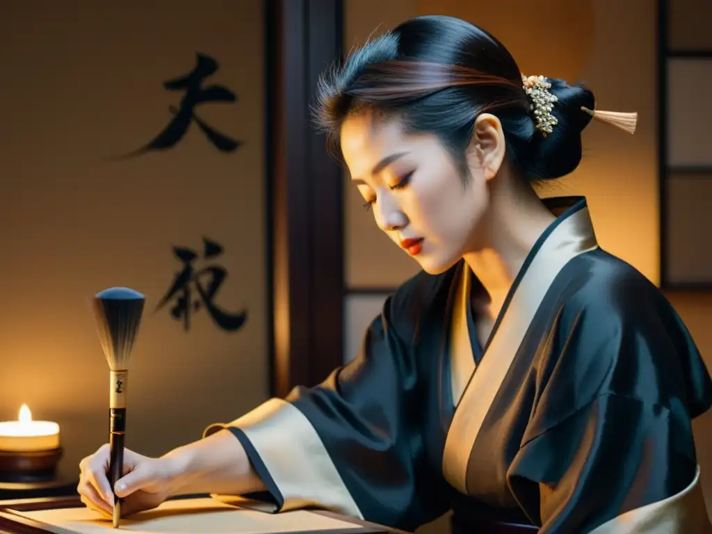 Un maestro de caligrafía japonés en un kimono de seda creando caracteres intrincados con precisión