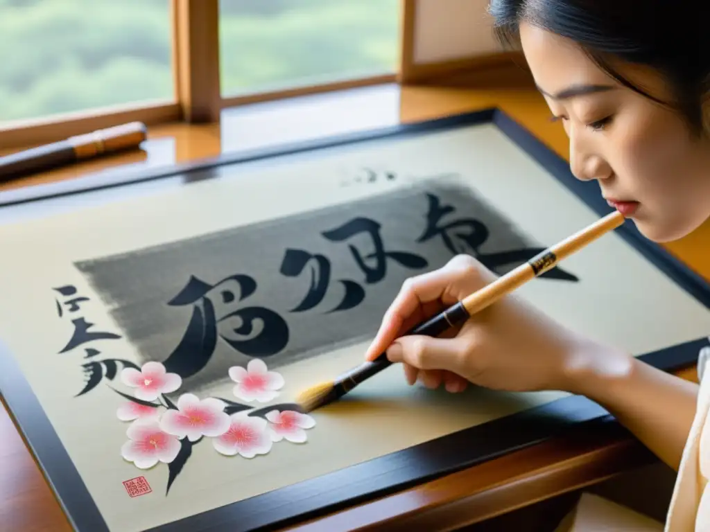 Un maestro de caligrafía japonés pinta con precisión el kanji 'Sakura' en papel washi, rodeado de elementos tradicionales