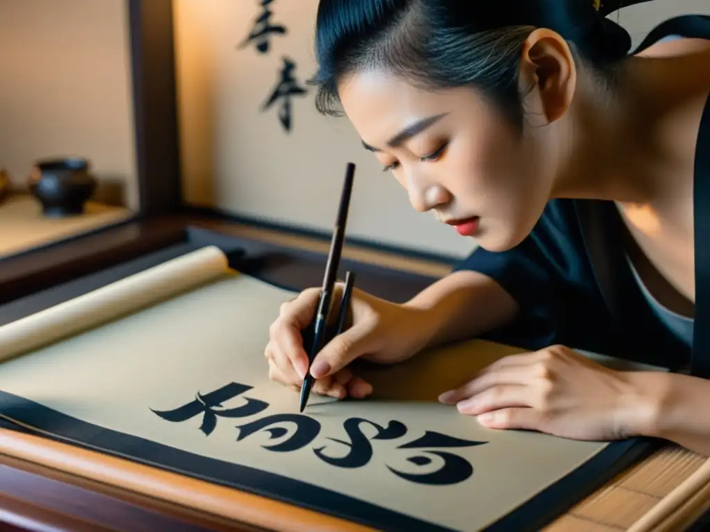 Un maestro de caligrafía japonés ejecuta con precisión mientras la luz suave realza la atmósfera serena del estudio