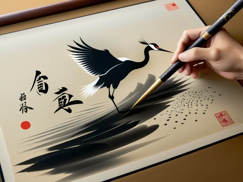 Maestro de caligrafía japonesa de animales naturaleza pintando con delicadeza un grácil ave en vuelo