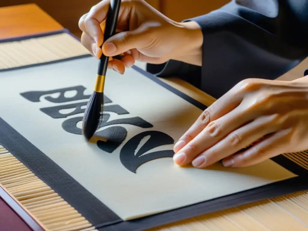 Un maestro de la caligrafía japonesa, concentrado y preciso, crea caracteres fascinantes en papel de arroz
