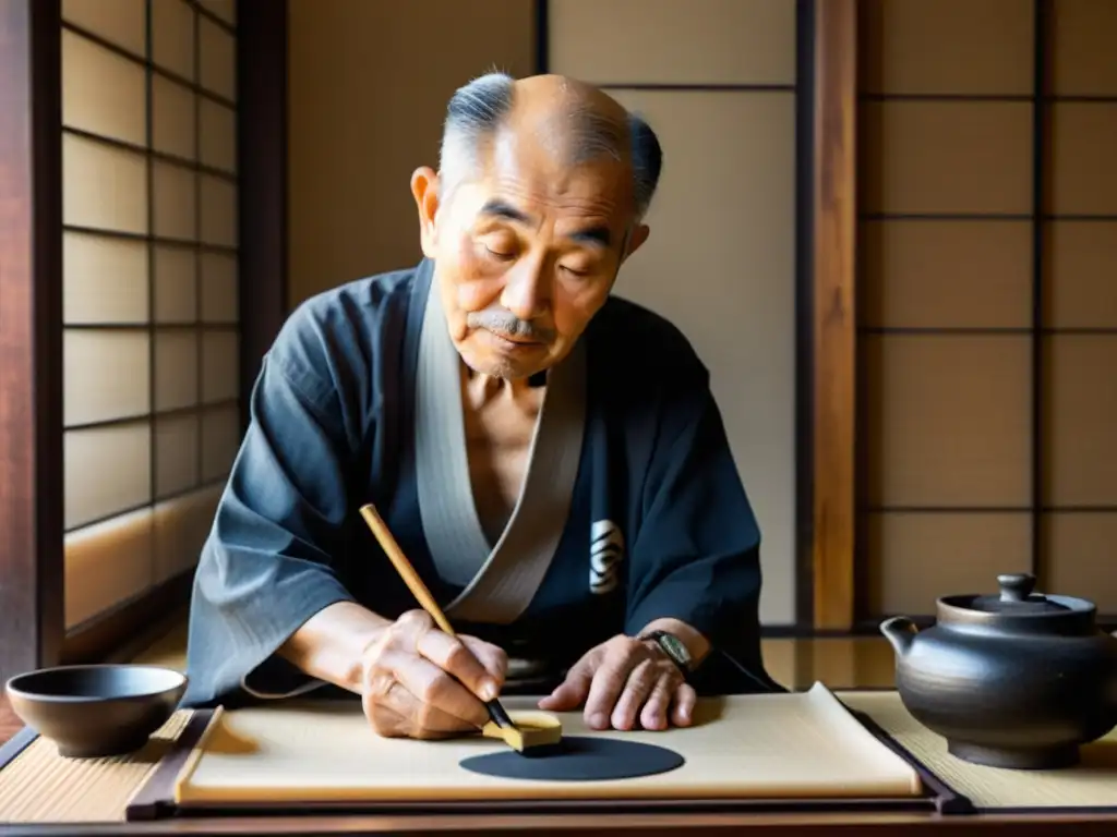 Maestro de caligrafía japonesa concentrado, creando caracteres con la filosofía detrás de la caligrafía japonesa en una atmósfera serena y tradicional