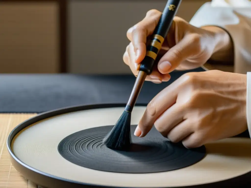 Un maestro de caligrafía japonesa sumerge con cuidado un pincel en tinta negra, mostrando la precisión y belleza de esta antigua forma de arte