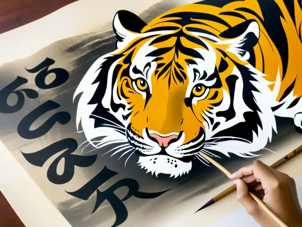 Un maestro de caligrafía japonesa pinta con delicadeza un majestuoso tigre, capturando su poder y gracia en un pergamino de papel de arroz