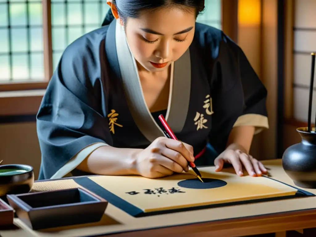 Un maestro de caligrafía japonesa crea delicados caracteres en papel washi, rodeado de herramientas tradicionales