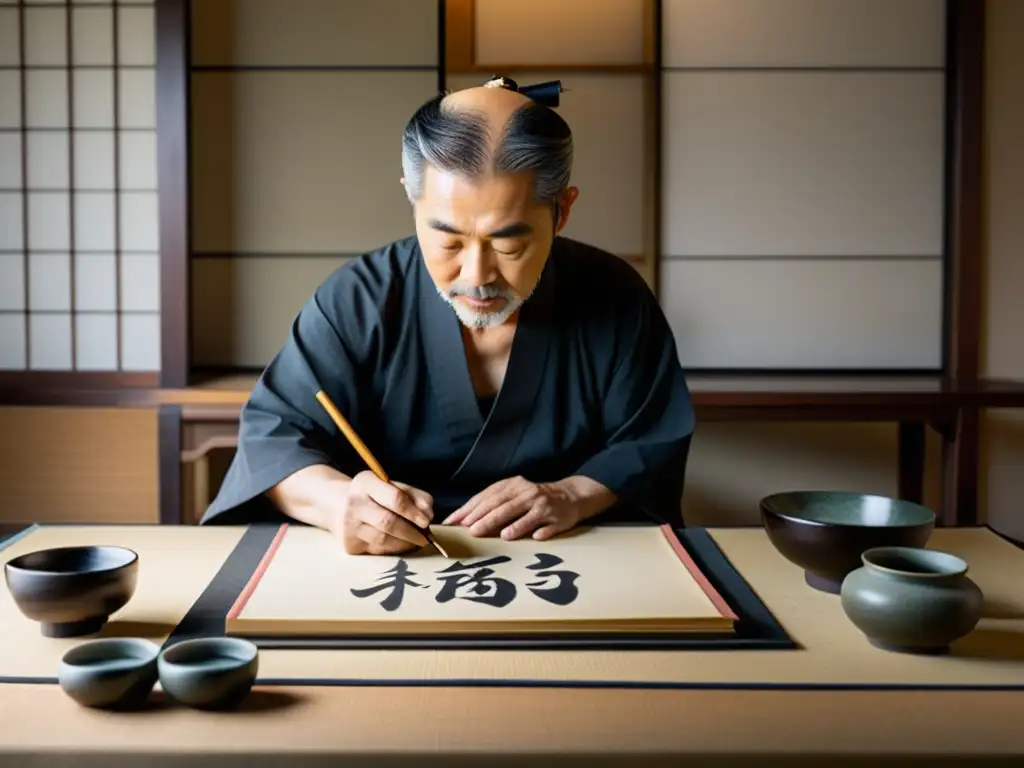 Un maestro de caligrafía japonesa crea elegantes caracteres con un pincel en papel washi, rodeado de elementos tradicionales