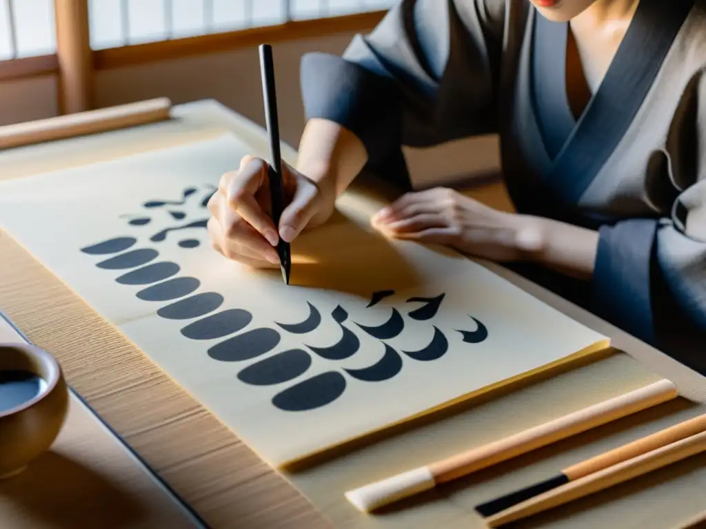 Un maestro de caligrafía japonesa compone elegantes caracteres en papel washi, rodeado de herramientas y una atmósfera serena