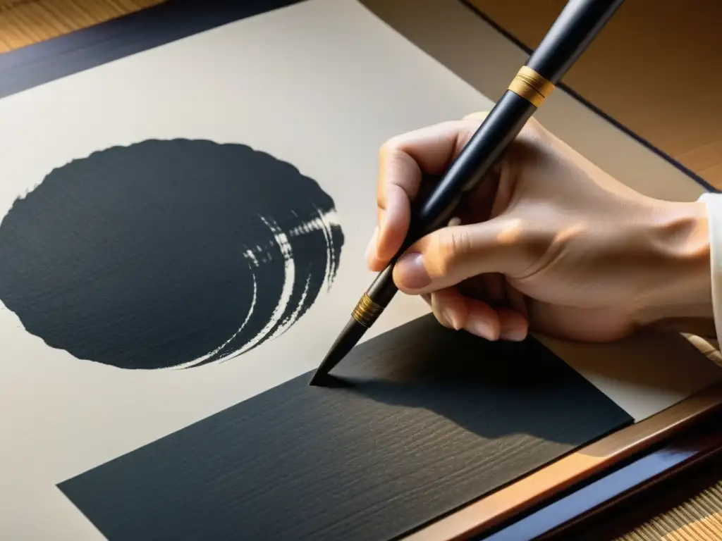 Un maestro de caligrafía japonesa ejecuta con gracia un trazo complejo, destacando la tradición cultural y maestría artística