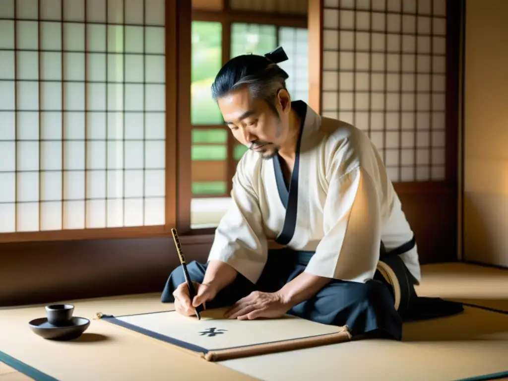 Un maestro de caligrafía japonesa en una habitación serena de tatami, crea elegantes caracteres en papel washi