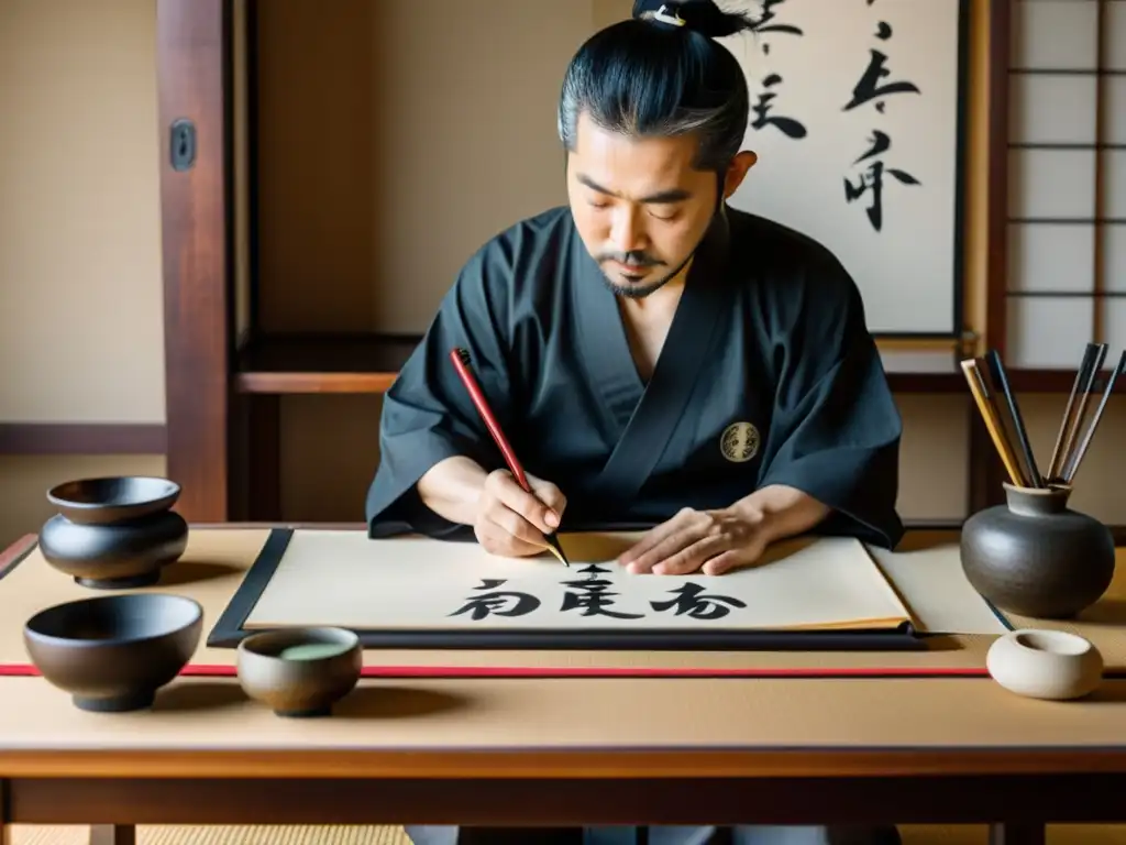 Un maestro de caligrafía japonesa demuestra la importancia cultural de la caligrafía japonesa en una atmósfera serena y enfocada