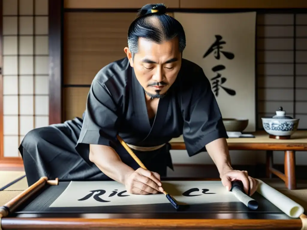 Maestro de caligrafía japonesa crea elegantemente con influencia china en la atmósfera histórica