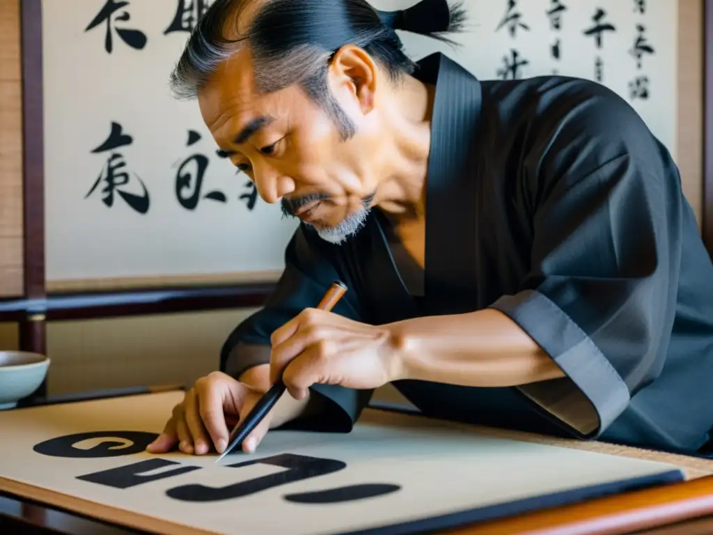 Un maestro de caligrafía japonesa crea intrincados caracteres en un pergamino de papel de arroz, capturando la esencia de la cultura samurái