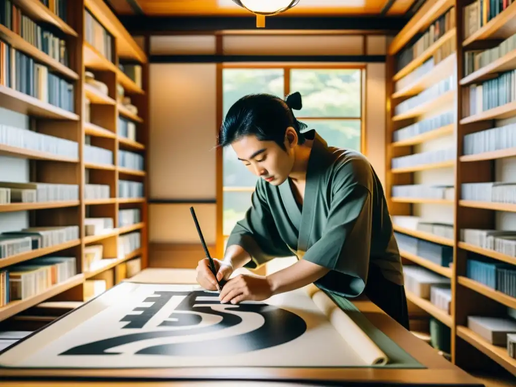 Un maestro de caligrafía japonesa pinta con precisión en un pergamino, rodeado de estantes llenos de manga antiguo y novelas gráficas