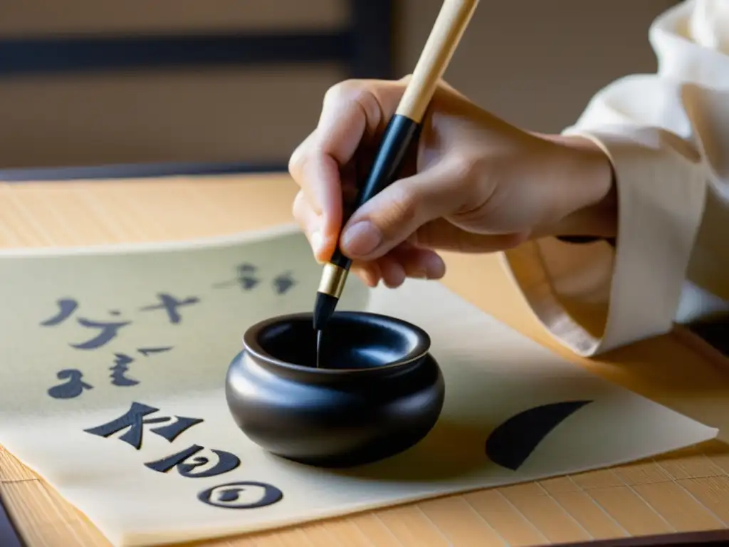 Un maestro de caligrafía japonesa sumerge cuidadosamente su pincel en tinta negra, destacando la importancia cultural de la caligrafía japonesa