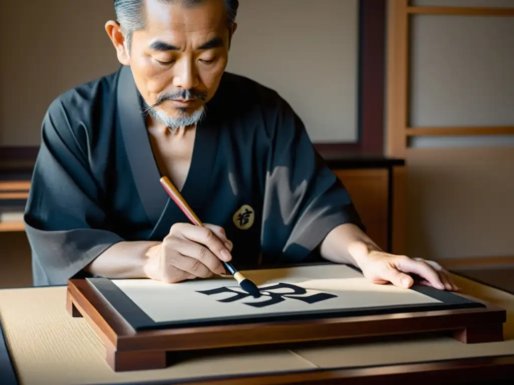 Un maestro de caligrafía japonesa crea con precisión un kanji, transmitiendo serenidad