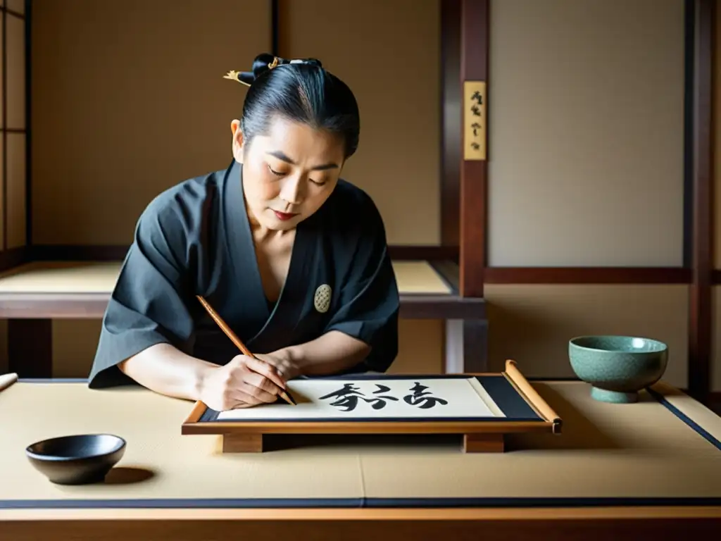 Un maestro de caligrafía japonesa trabaja con concentración en una sala tradicional, creando elegantes caracteres en papel washi