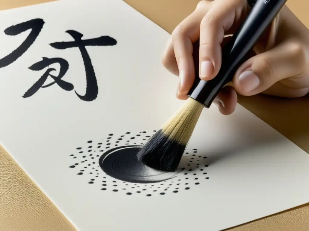 Un maestro de caligrafía japonesa aplica delicadamente tinta negra en washi blanco, expresando la esencia del arte con fluidez y precisión