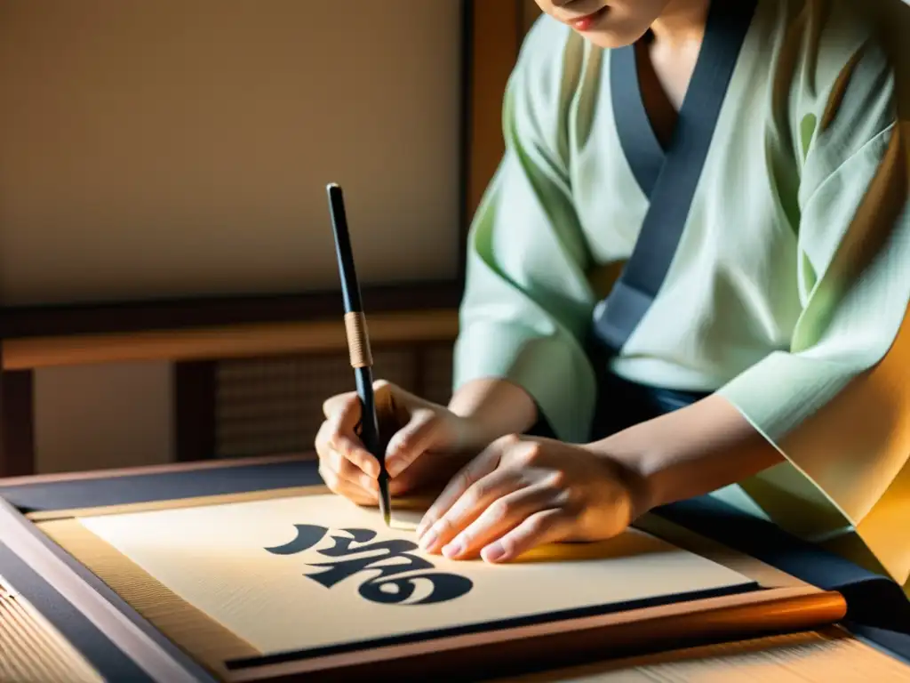 Un maestro de caligrafía japonesa viste atuendo tradicional, escribe con precisión en papel washi