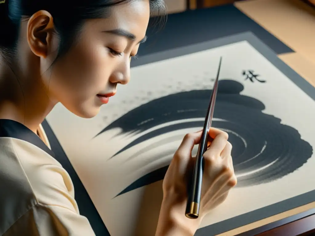 Un maestro de la caligrafía japonesa pinta con concentración en washi