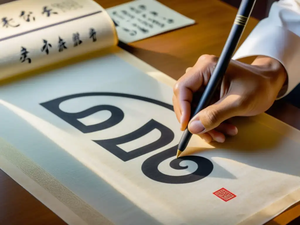 Maestro de caligrafía asiática crea obra inspirada en 'El Nombre del Viento' Un maestro de caligrafía tradicional del este asiático traza cuidadosamente caracteres intrincados en papel de arroz, capturando la influencia cultural en la recepción de 'El Nombre del Viento en Asia'