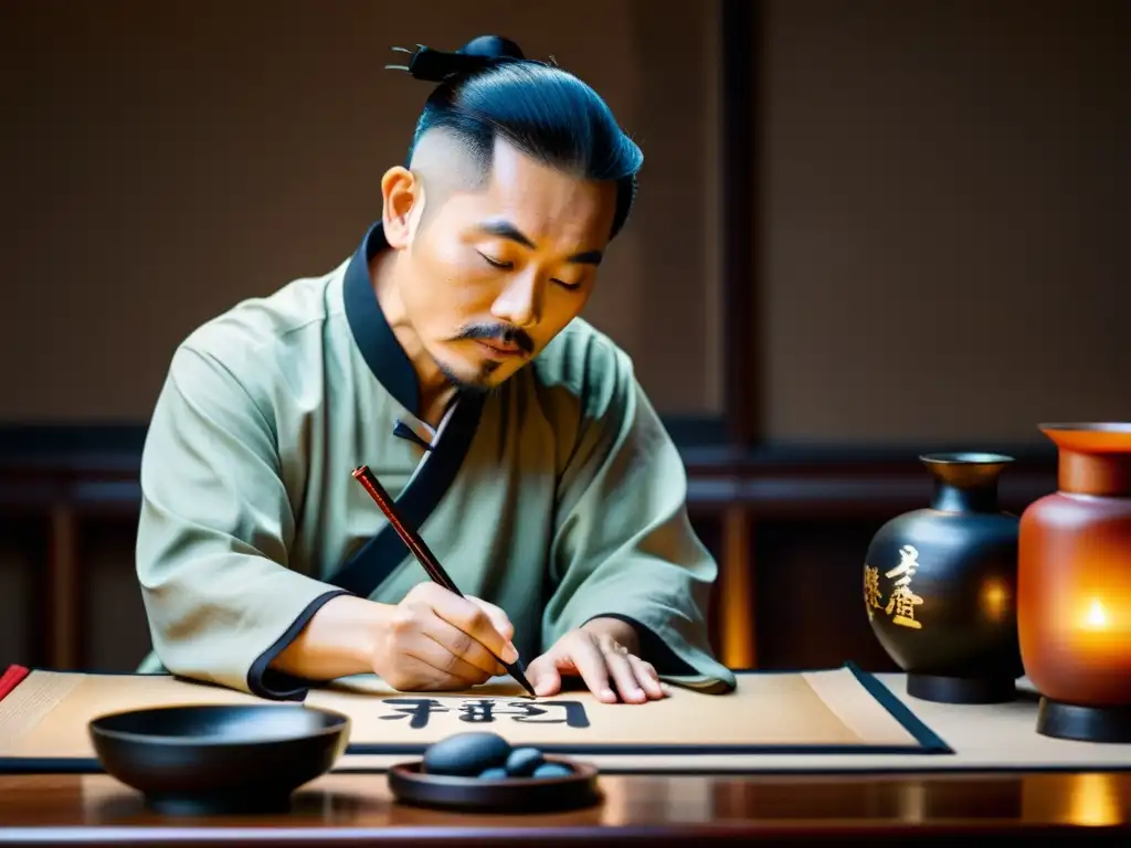 Un maestro de caligrafía tradicional china elabora meticulosamente caracteres con un pincel, rodeado de pergaminos antiguos y piedras de tinta