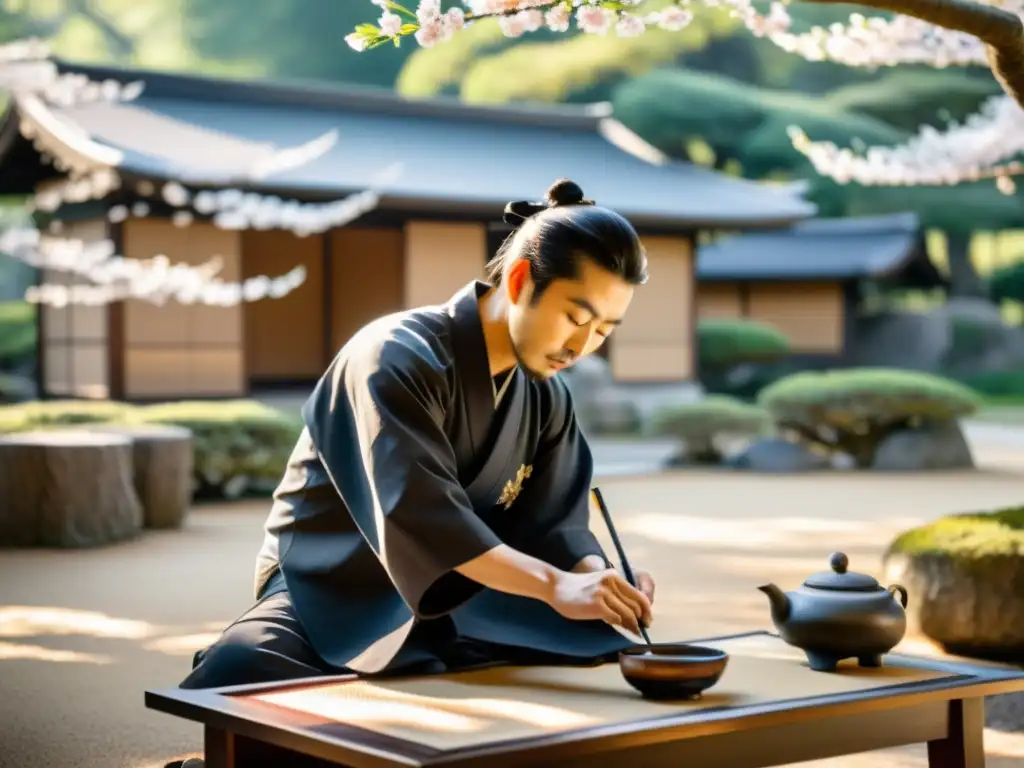 Un maestro de caligrafía en un tranquilo jardín japonés bajo cerezos en flor