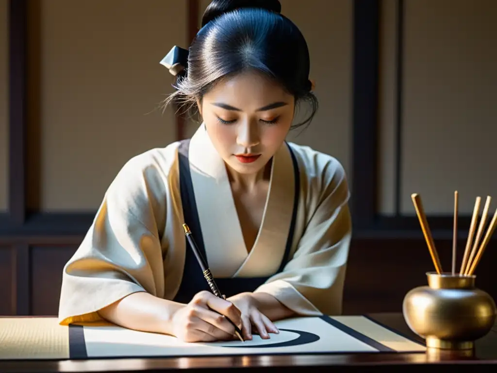 Un maestro calígrafo se concentra en la esencia espiritual de la caligrafía japonesa, trazando con delicadeza cada caracter