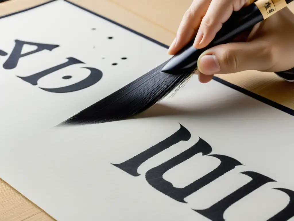 Un maestro calígrafo japonés en atuendo tradicional crea con maestría espiritual caligrafía japonesa en washi blanco